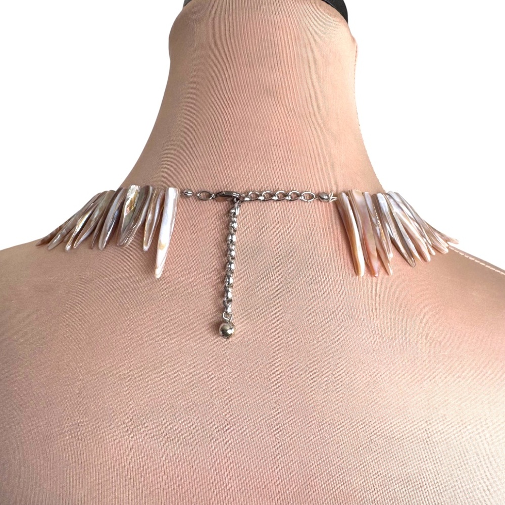 Mother of Pearl Spike Fringe Statement Necklace Iridescent Adjustable - Picture 3 of 4